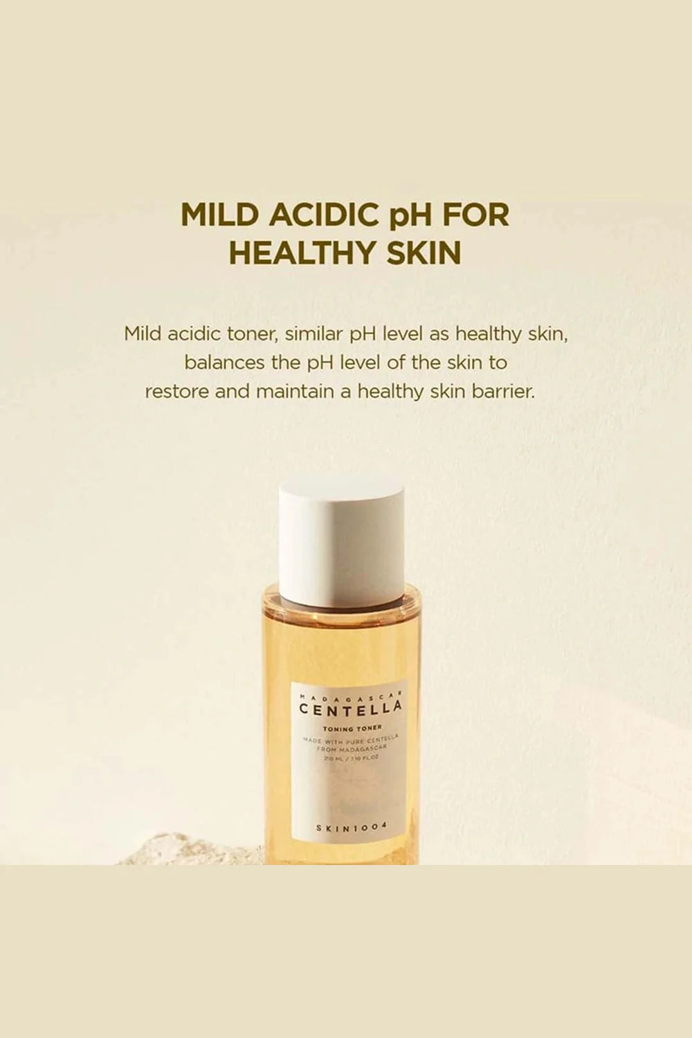 Skincare product with text about mild acidic pH for healthy skin on a beige background