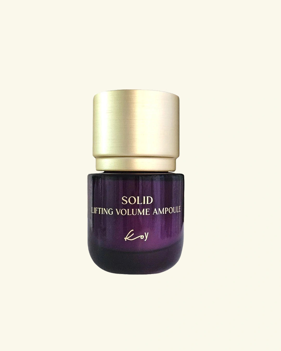 A dark purple cosmetic ampoule bottle with a metallic gold cap, labeled 'SOLID LIFTING VOLUME AMPoule' by Key, centered on a light cream background.