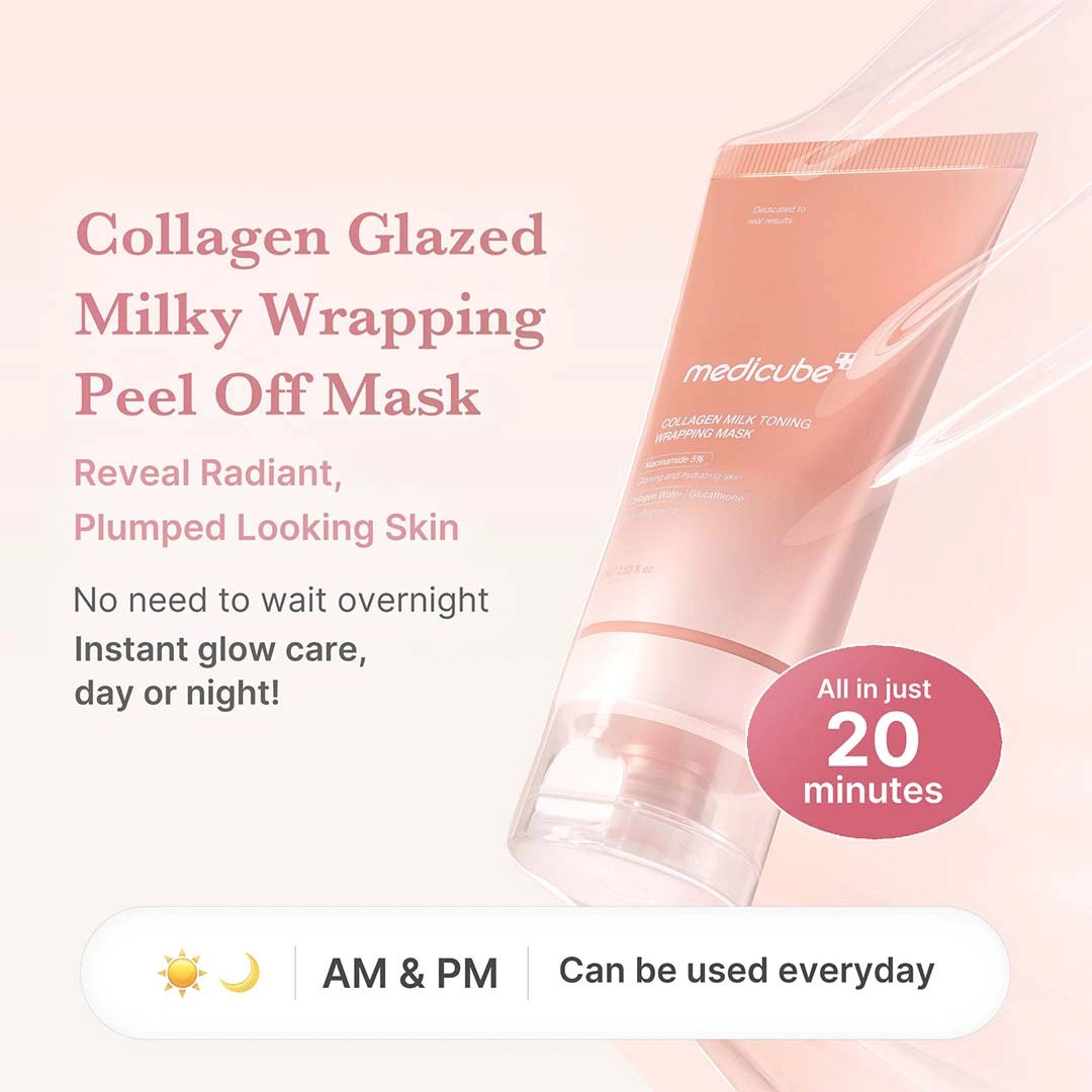 Collagen Glazed Milky Wrapping Peel Off Mask by medicube with product packaging on a light pink background.