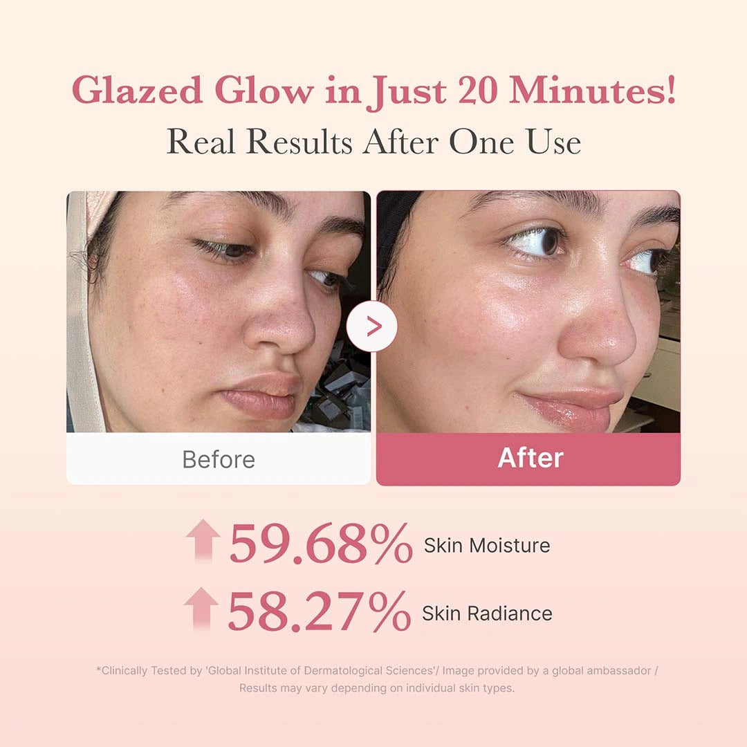 Before and after skin comparison with text about skin moisture and radiance improvement.