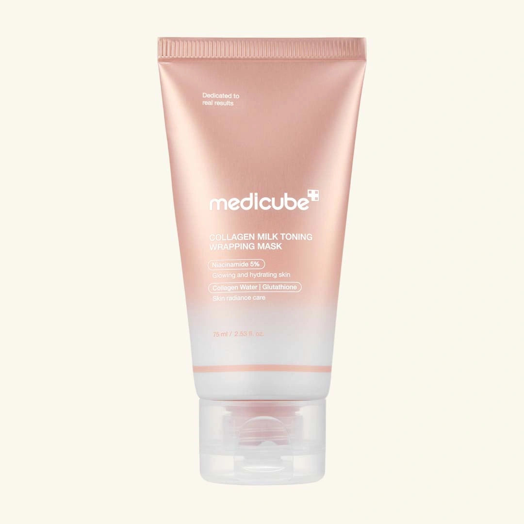 Tube of Medicube collagen milk toning mask on a white background