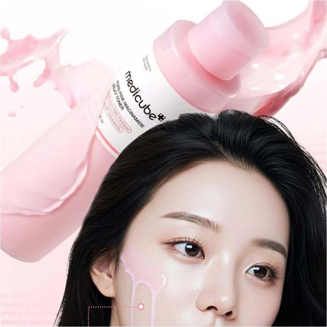 MediCube product with a woman's face in the foreground on a pink background