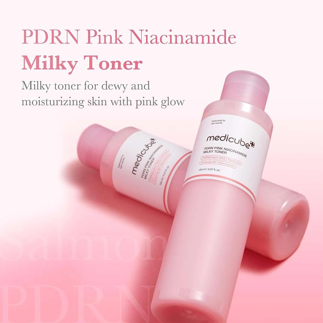 Pink Niacinamide Milky Toner bottle with text on a pink background