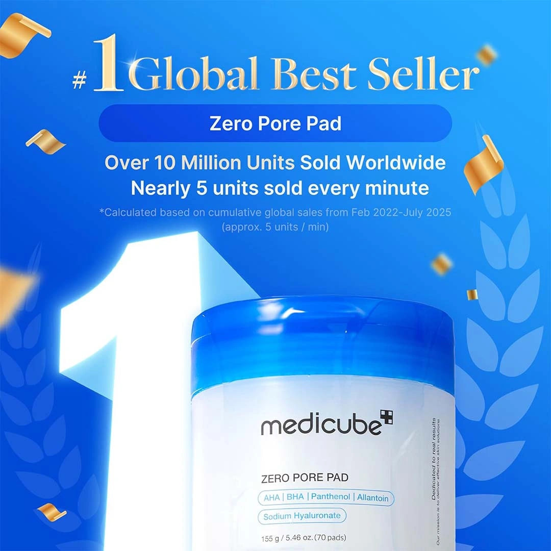 Medicube Zero Pore Pad container with promotional text on a blue background