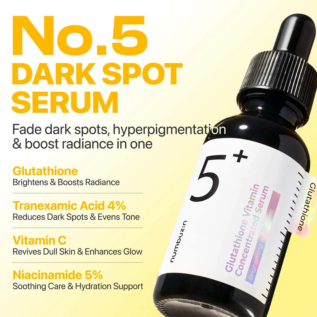 No. 5 Dark Spot Serum bottle with dropper on a yellow background