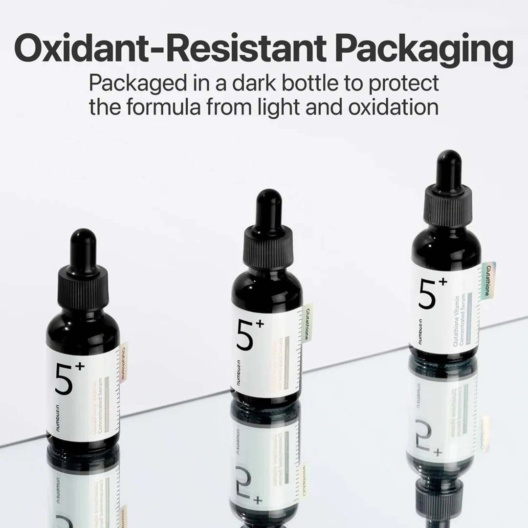 Three dark bottles with dropper caps on a reflective surface, labeled '5+', with text about oxidant-resistant packaging.