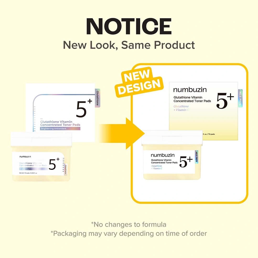 Notice of new design for numbuzin 5+ concentrated toner pads with a yellow arrow pointing to the updated packaging.