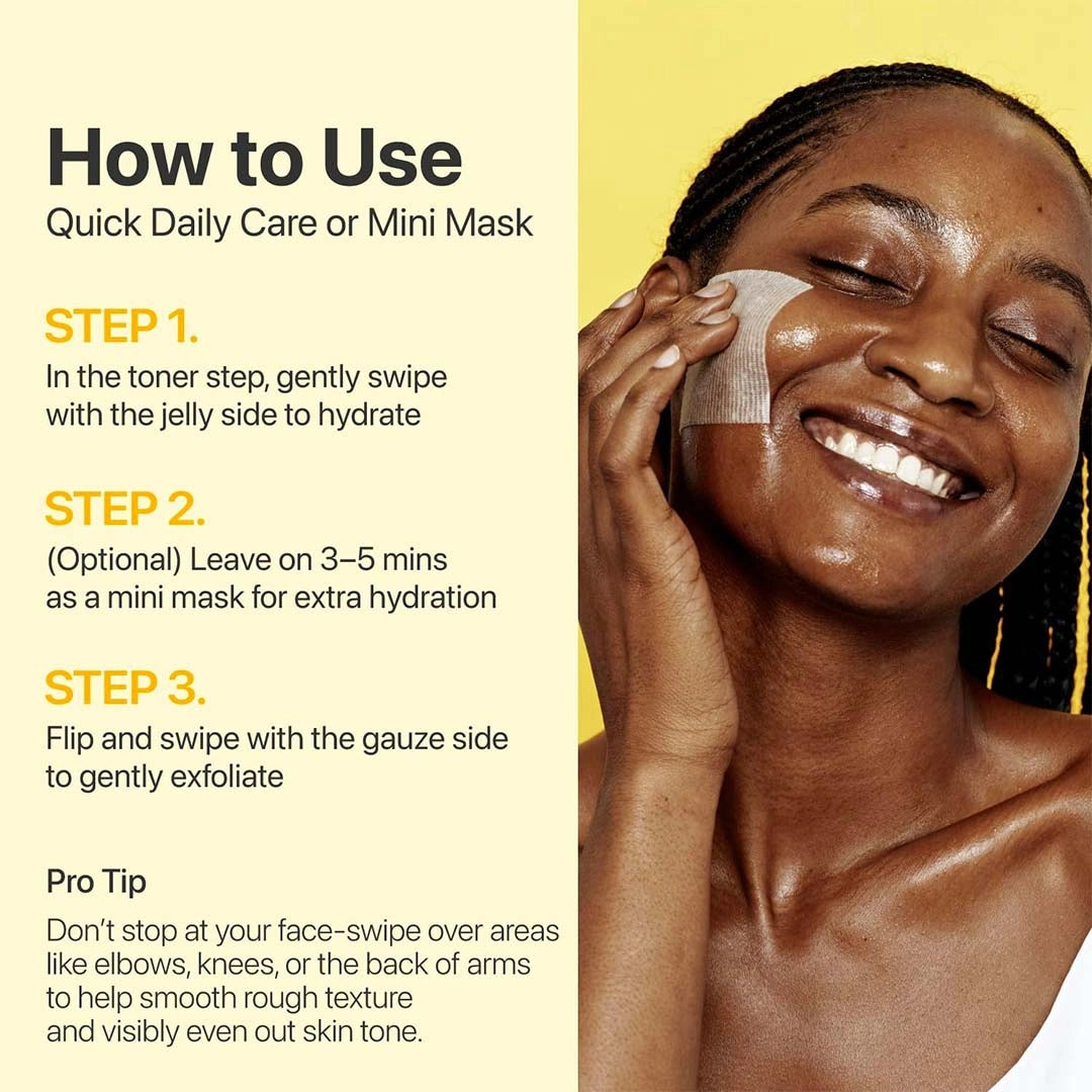 Woman applying facial mask with text on how to use quick daily care or mini mask