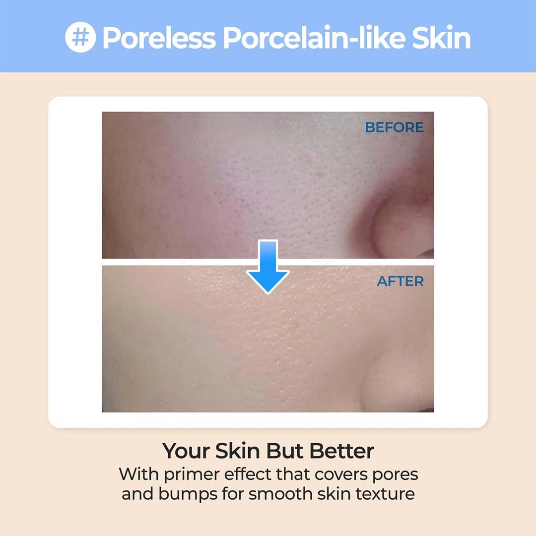Before and after comparison of skin texture with a primer effect, labeled 'Poreless Porcelain-like Skin'.