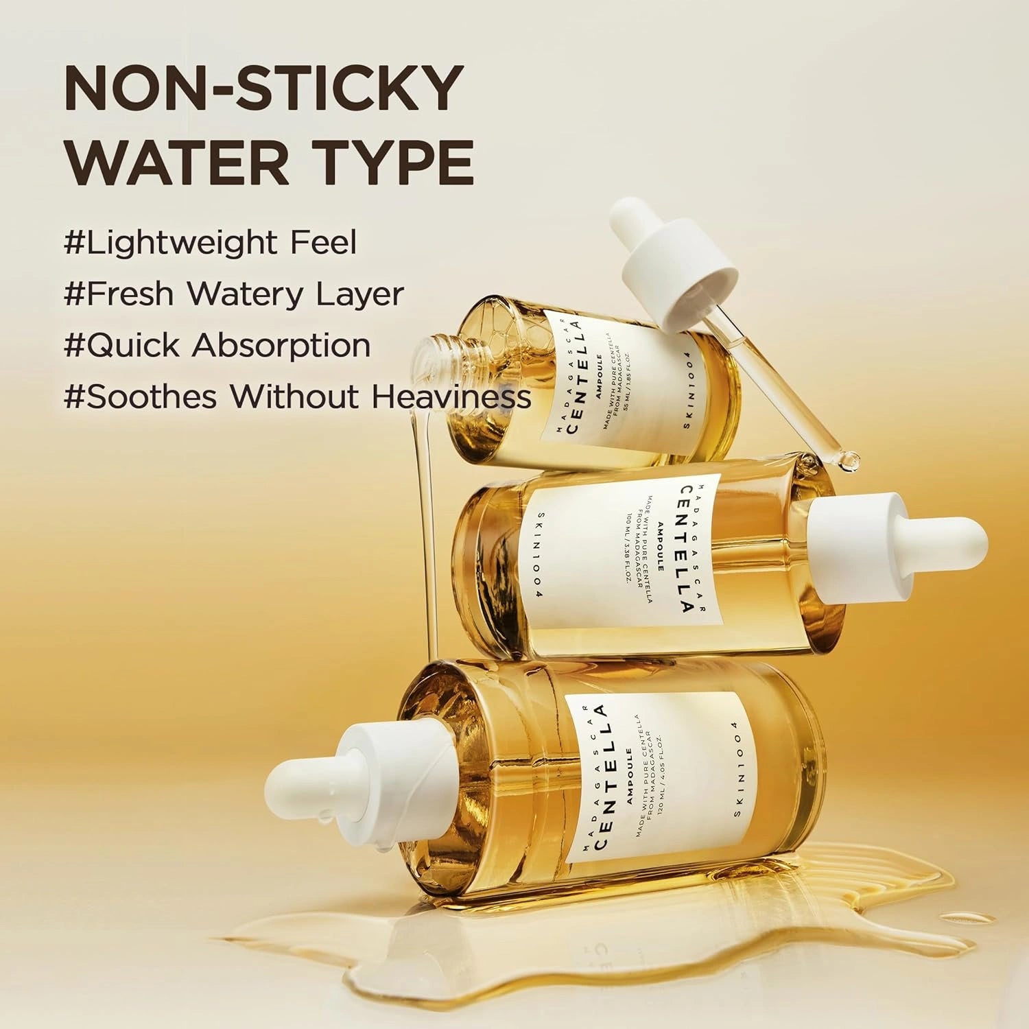 Three Centella bottles with droppers on a beige background, featuring text about product attributes.