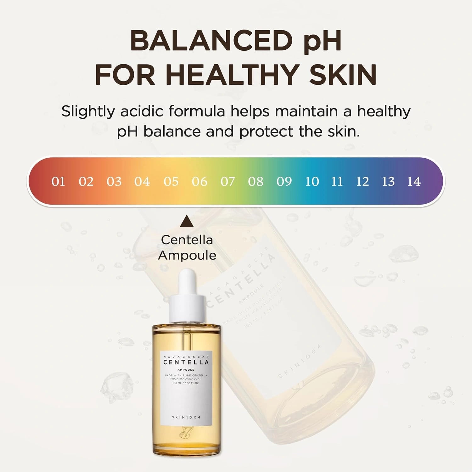 Centella Ampoule bottle and packaging with pH balance information on a light background