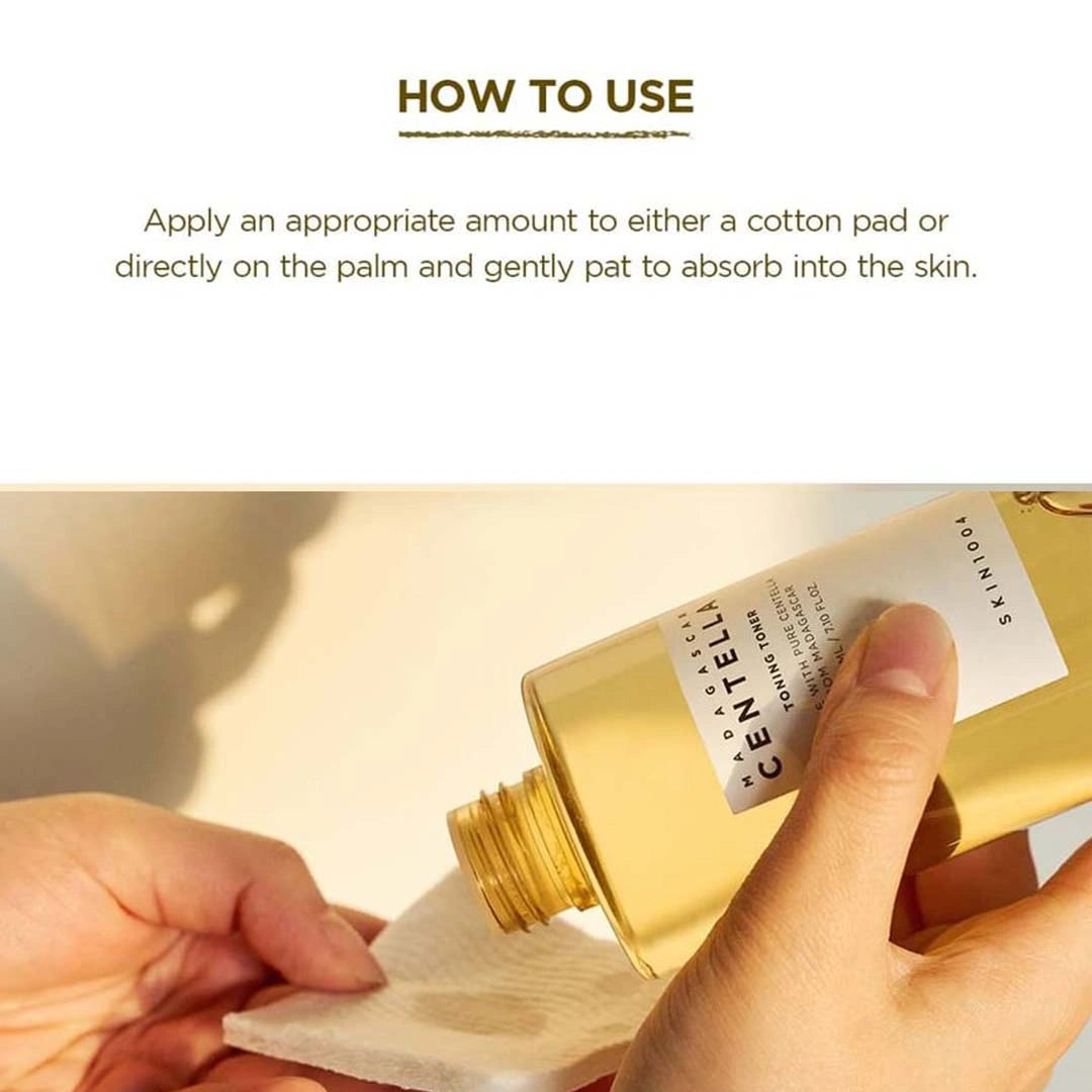 Gold bottle being applied to a cotton pad with text on how to use it.