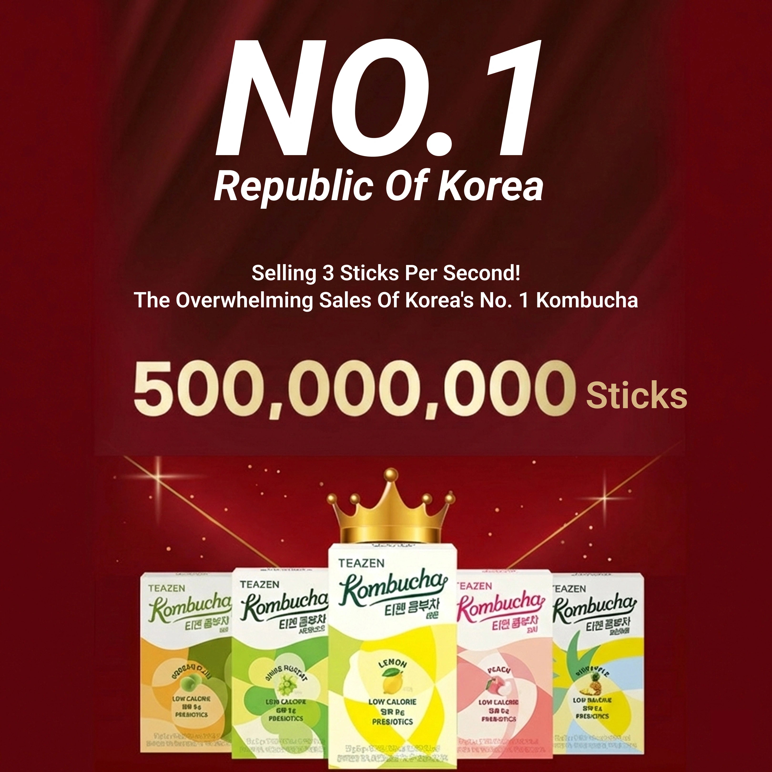 Promotional graphic for TEAZEN Kombucha with product packaging and text on a red background