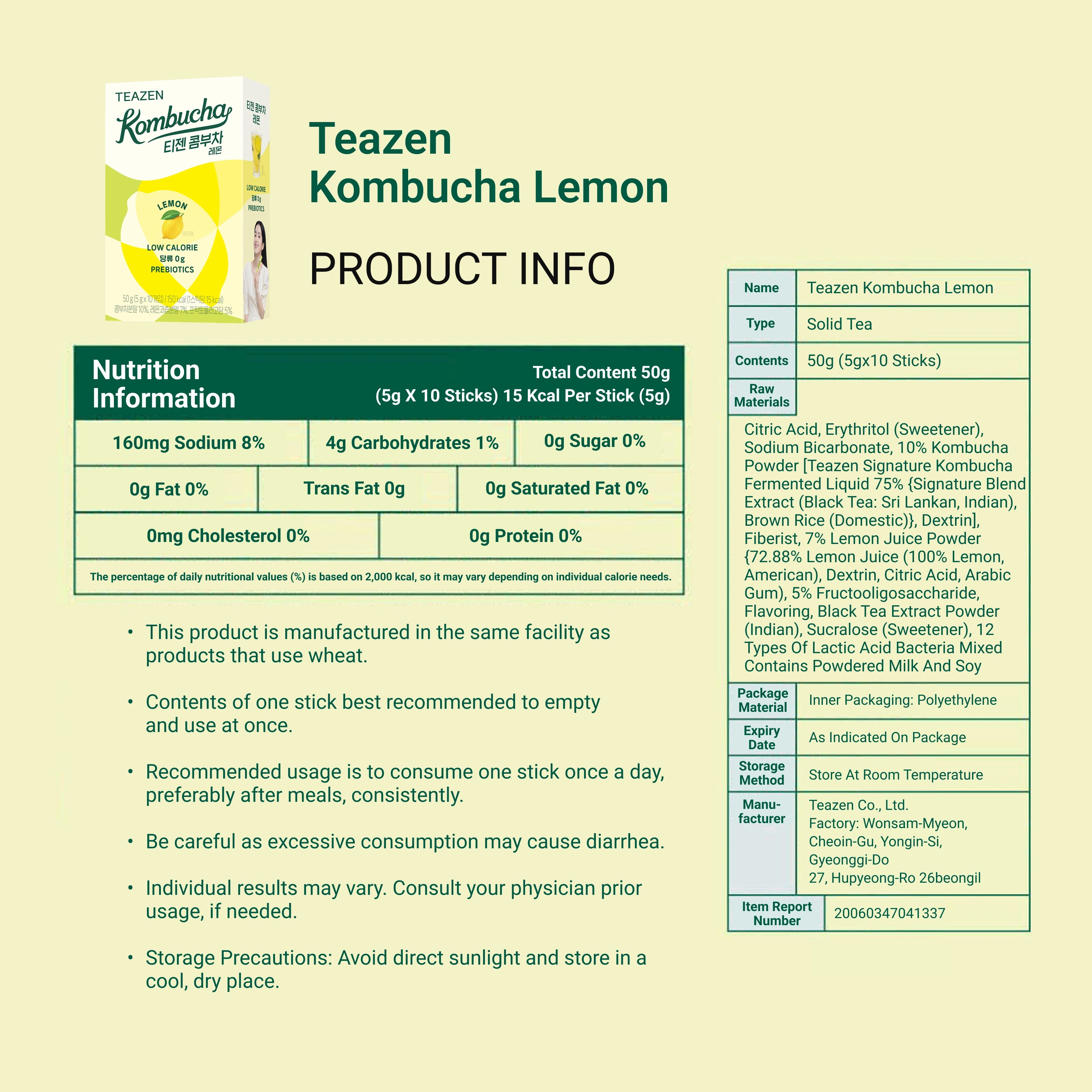 Teazen Kombucha Lemon product information sheet with nutrition facts and storage precautions on a light green background.