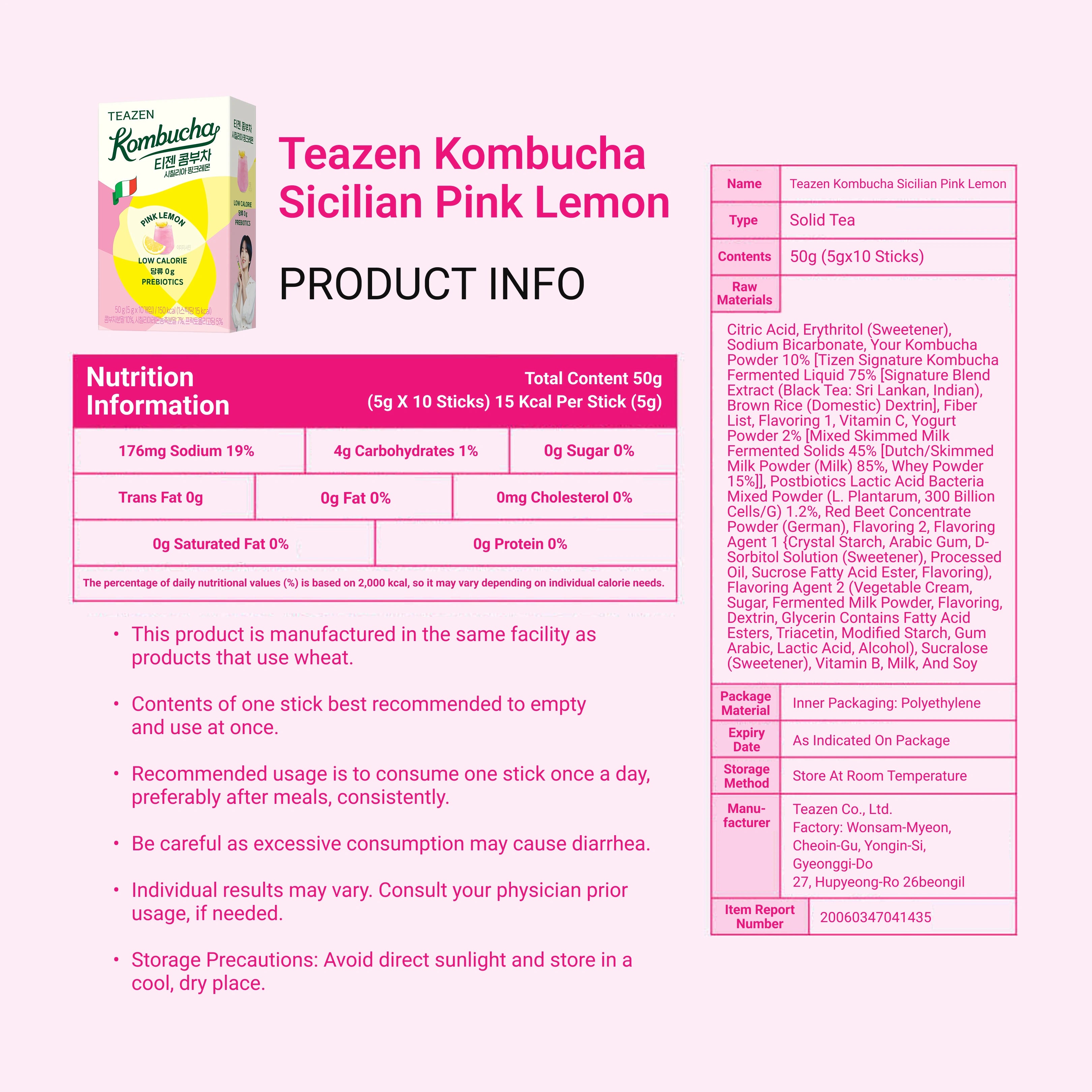 Teazen Kombucha Sicilian Pink Lemon product information sheet with nutrition details on a pink background.