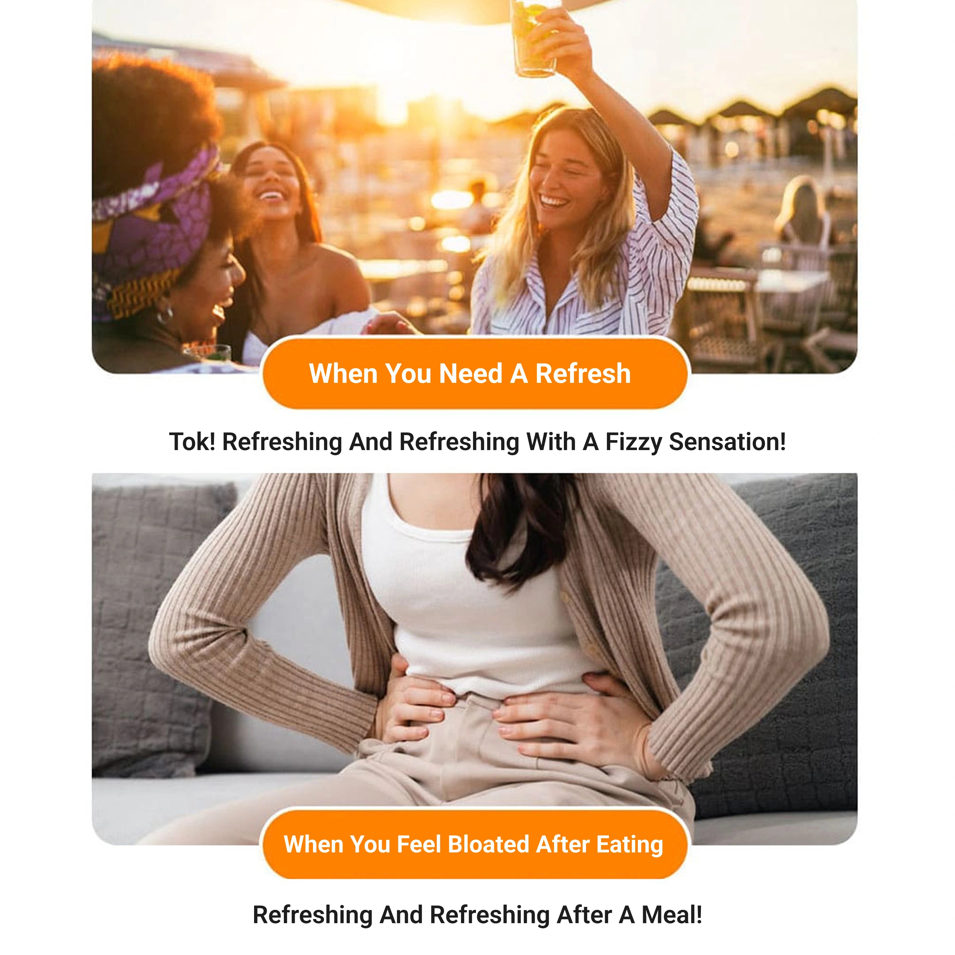 Advertisement for a product with text 'When You Need A Refresh' and 'When You Feel Bloating After Eating', featuring people enjoying a sunset and a woman sitting on a couch.