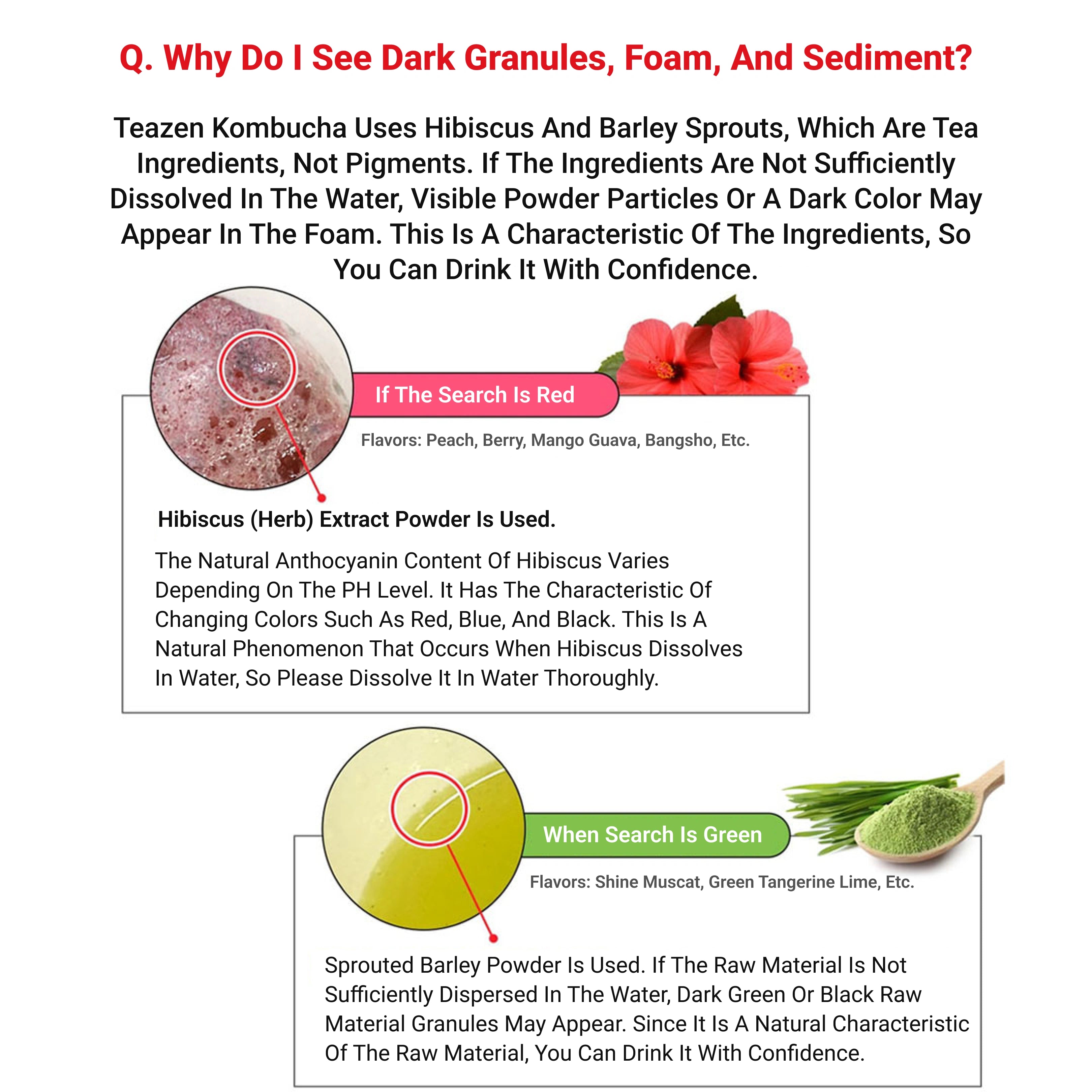 Explanation of dark granules, foam, and sediment in Teazen Kombucha with images and text.