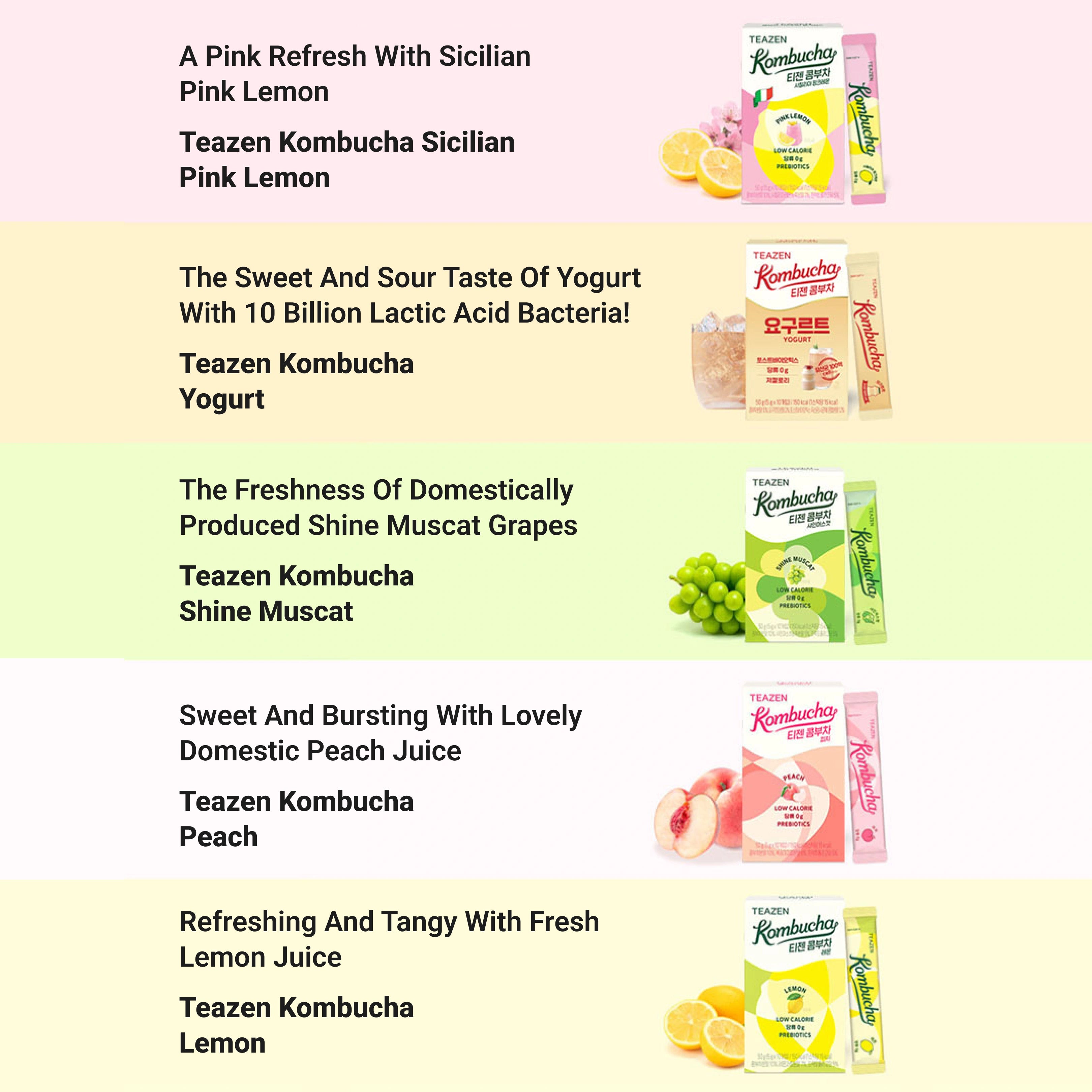 Teazen Kombucha product packaging with text describing flavors on a multicolored background