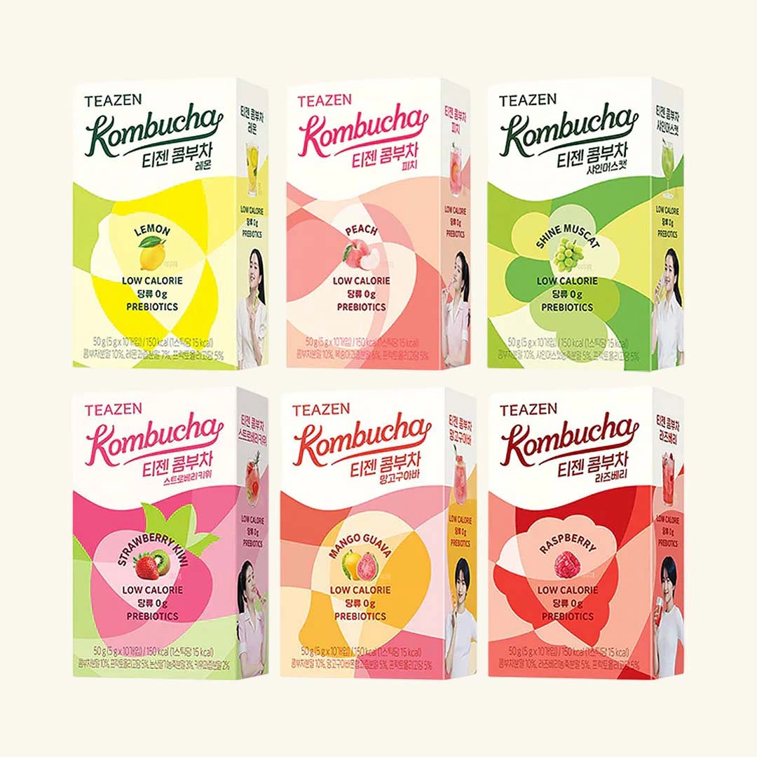 Six boxes of TEAZEN Kombucha in different flavors on a white background