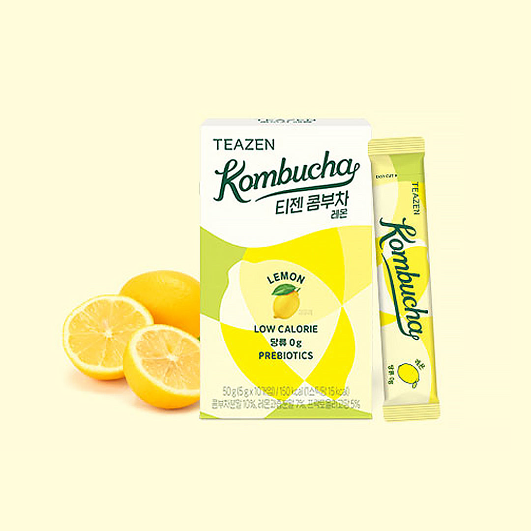 Teazen Kombucha lemon flavor package with lemons on a light yellow background