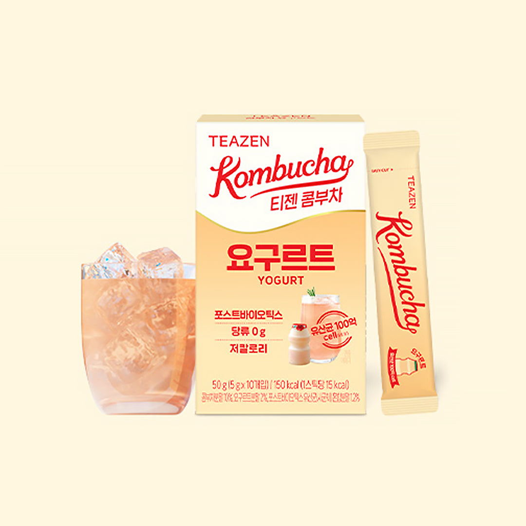 Teazen Kombucha Yogurt package with a glass of kombucha and a sachet on a beige background