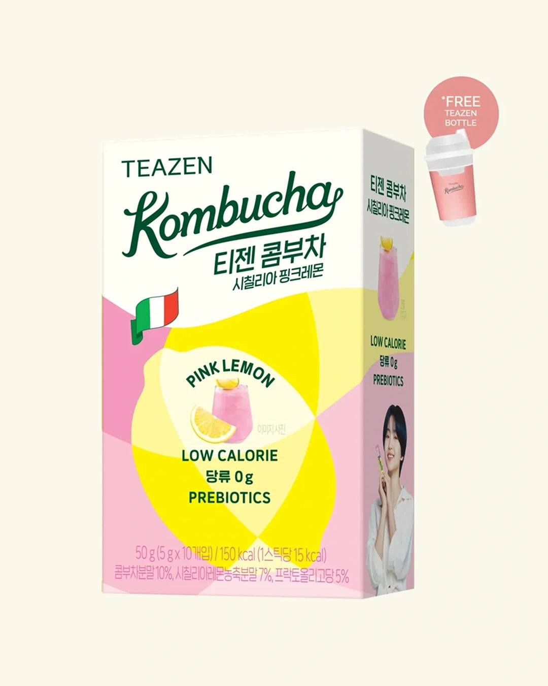 A box of Teazen Kombucha Pink Lemon flavor, featuring a pink and yellow design with a small Italian flag graphic, a 'FREE PLANTY BERRY CUPS' promotional badge, and a small photo of a woman on the side panel, all set against a solid cream background.