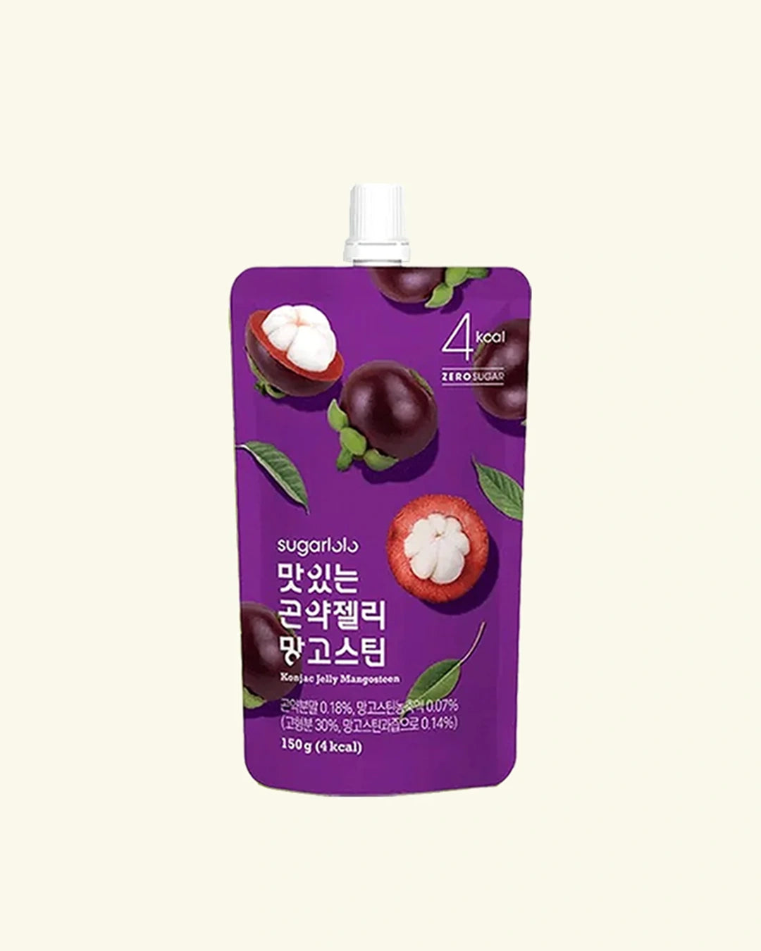 A purple stand-up pouch of sugarlab fruit protein powder featuring camu camu illustrations and Korean text, set against a solid cream background.