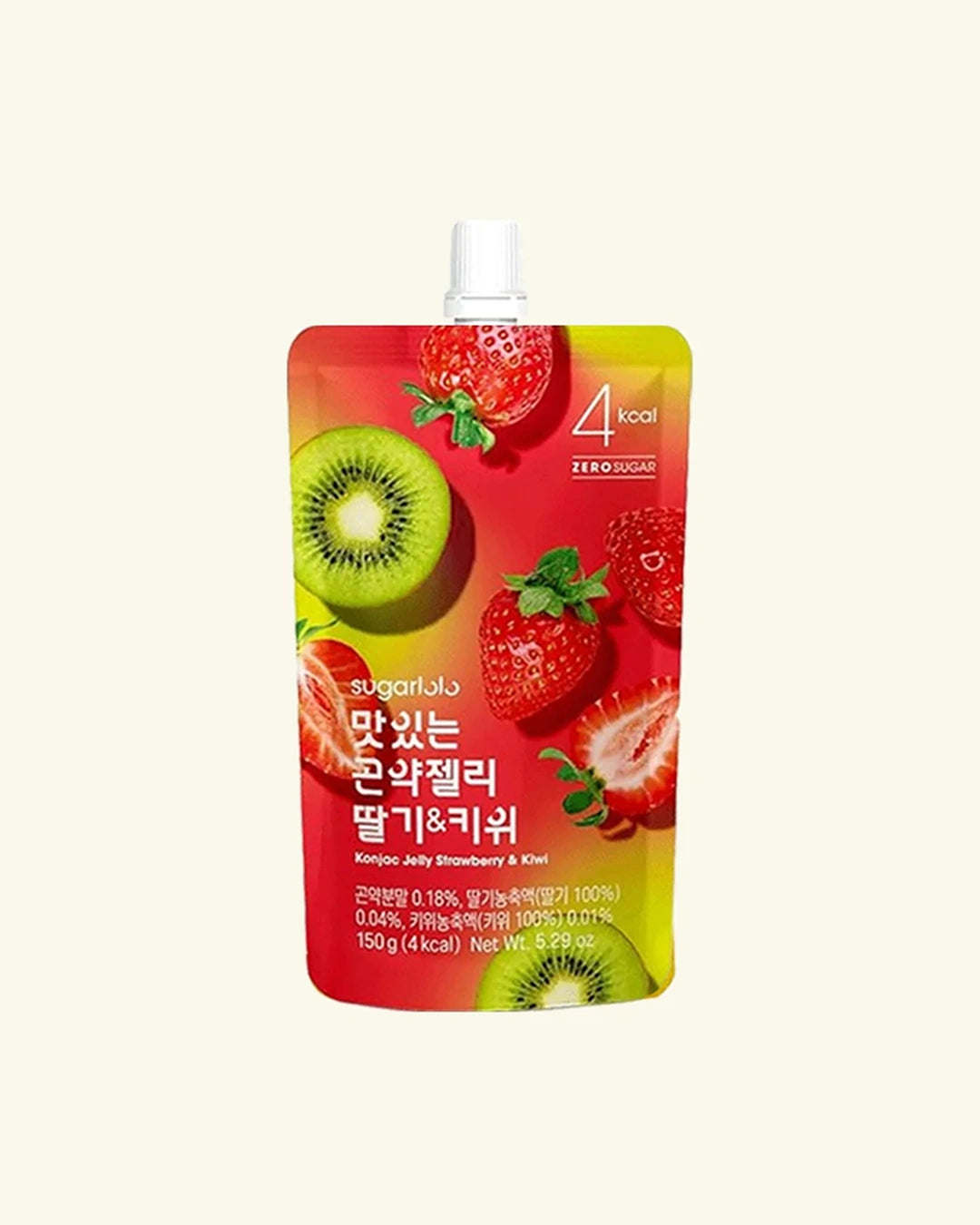 A stand-up pouch of zero sugar strawberry and kiwi recipe jelly drink, featuring a red and yellow label with illustrations of strawberries and kiwi slices, on a light cream background.