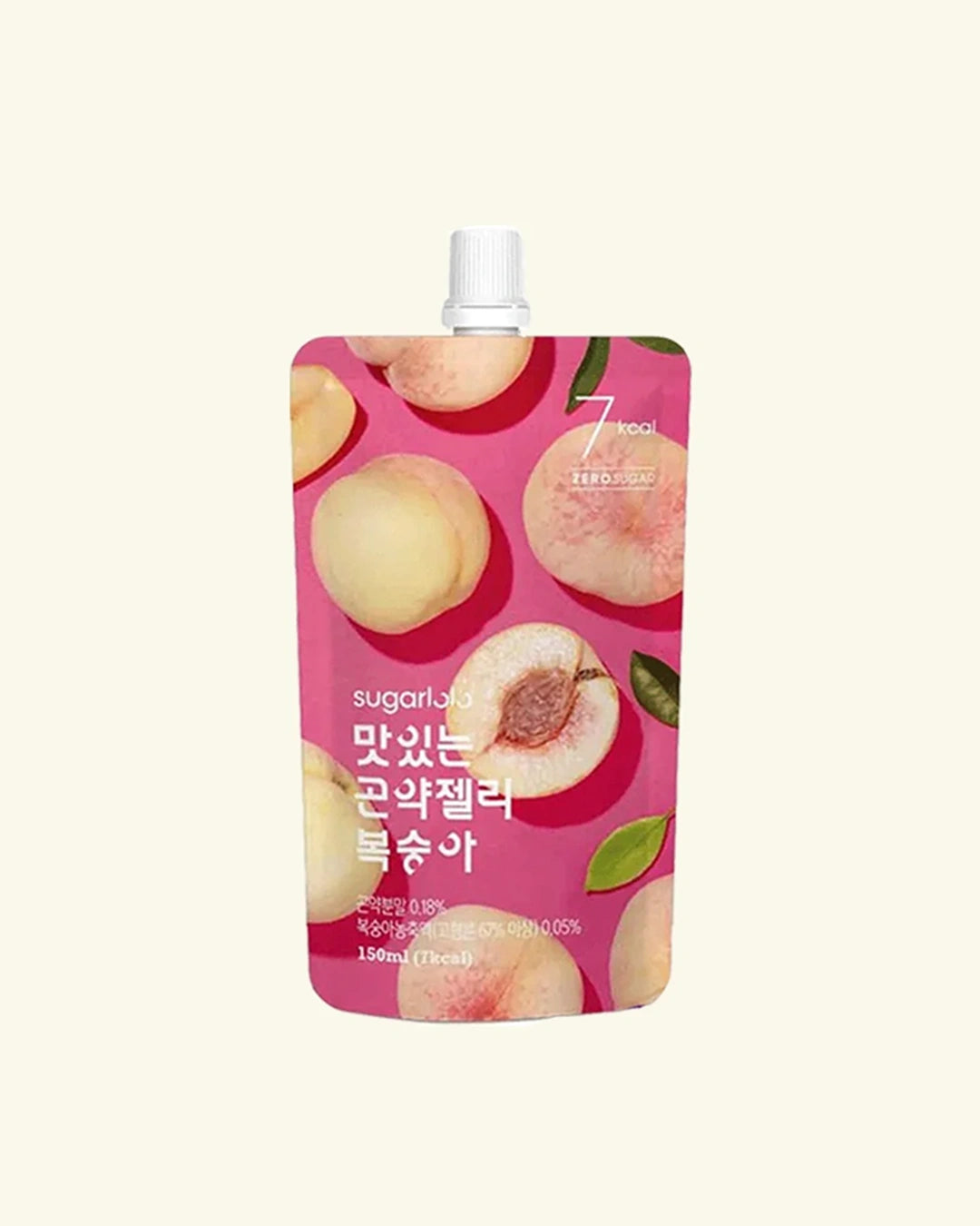 A stand-up pouch of sugarlab peach jelly drink mix with a white cap, featuring a pink background decorated with peach illustrations and Korean text, set against a light cream background.