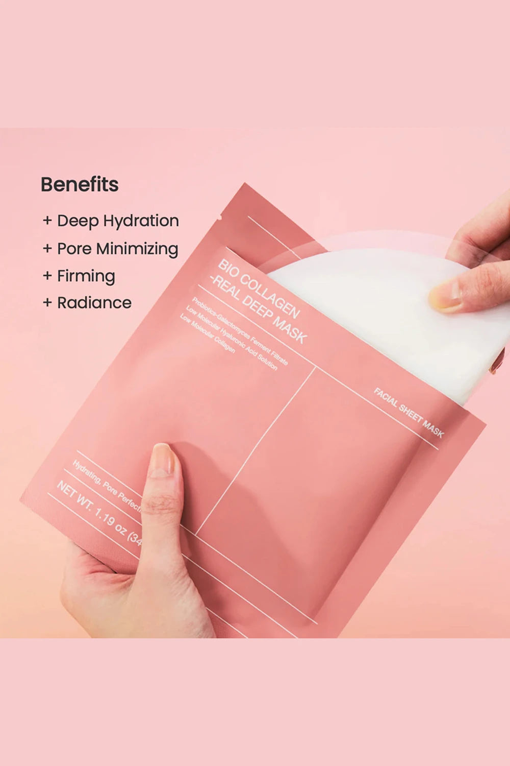 Sheet mask with benefits listed on a pink background