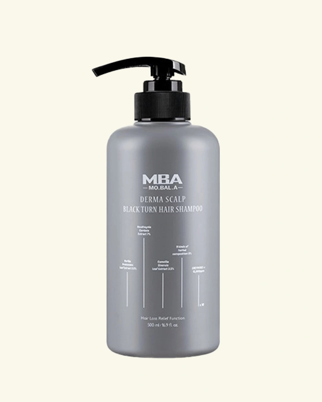 A 300 ml pump bottle of MBA Masala Blackturn Hair Shampoo, featuring a matte gray bottle and a black pump dispenser, set against a solid cream-colored background.