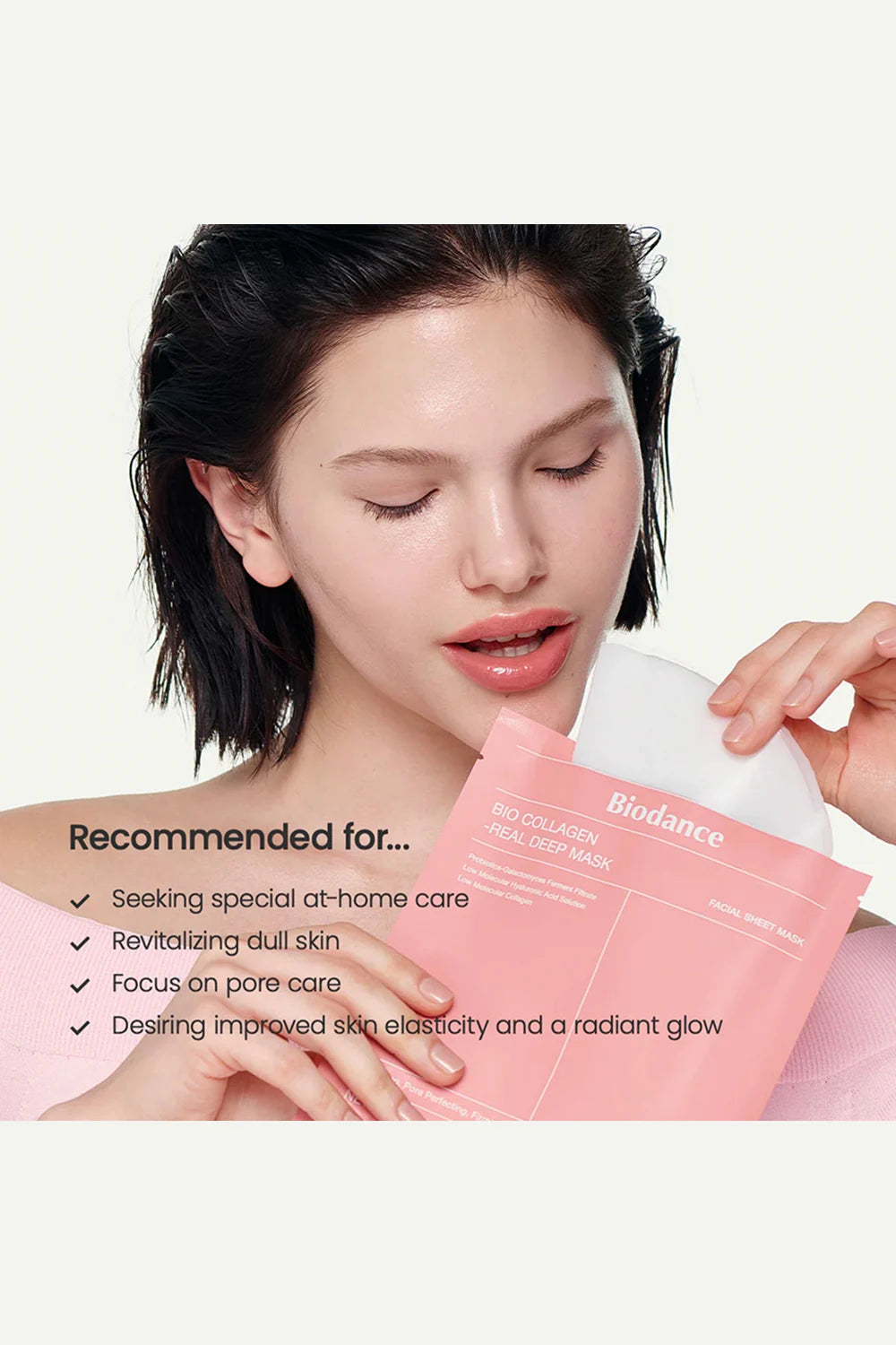 Woman holding a Bioderma product with text about its uses on a white background