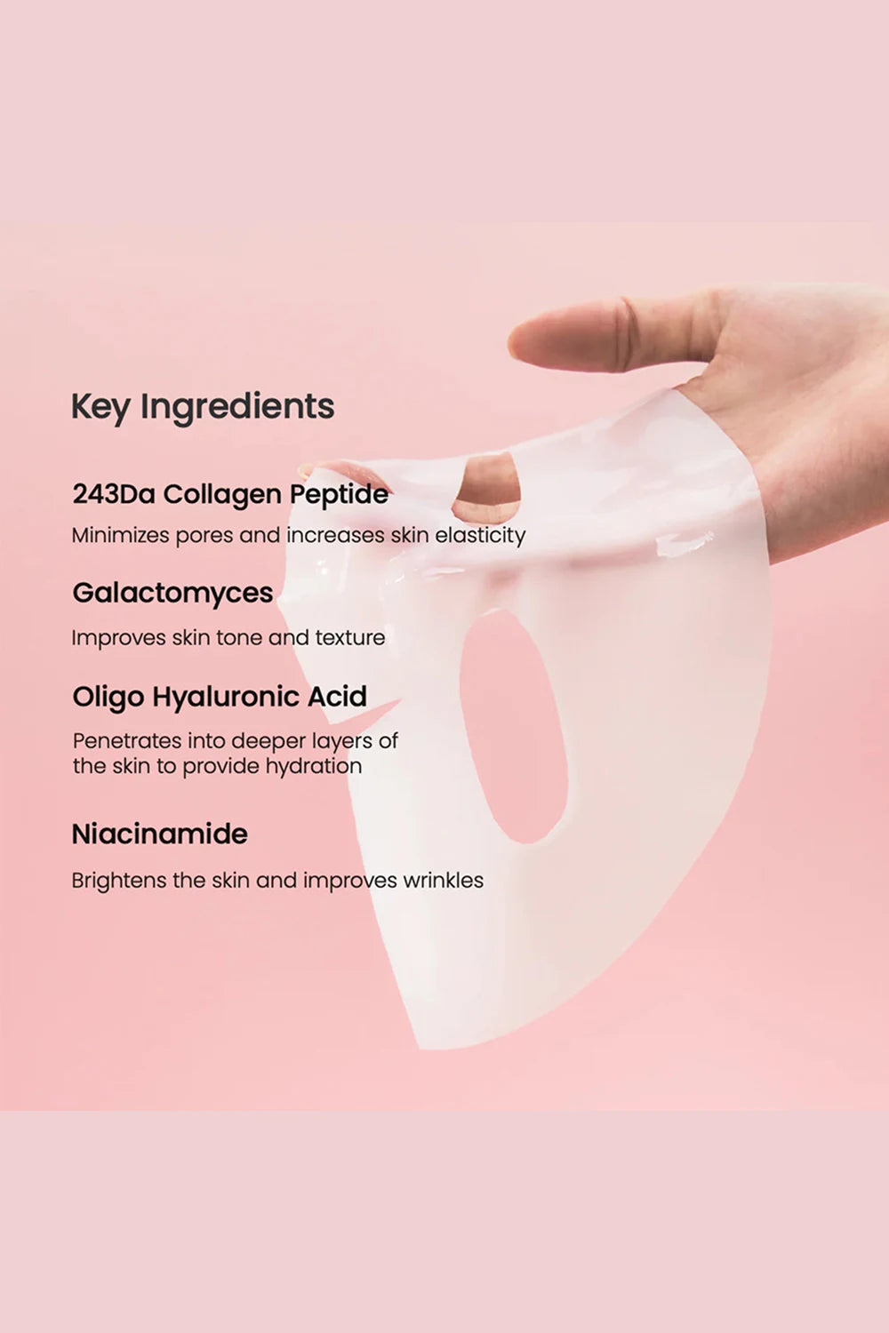 Skincare mask with key ingredients listed on a pink background