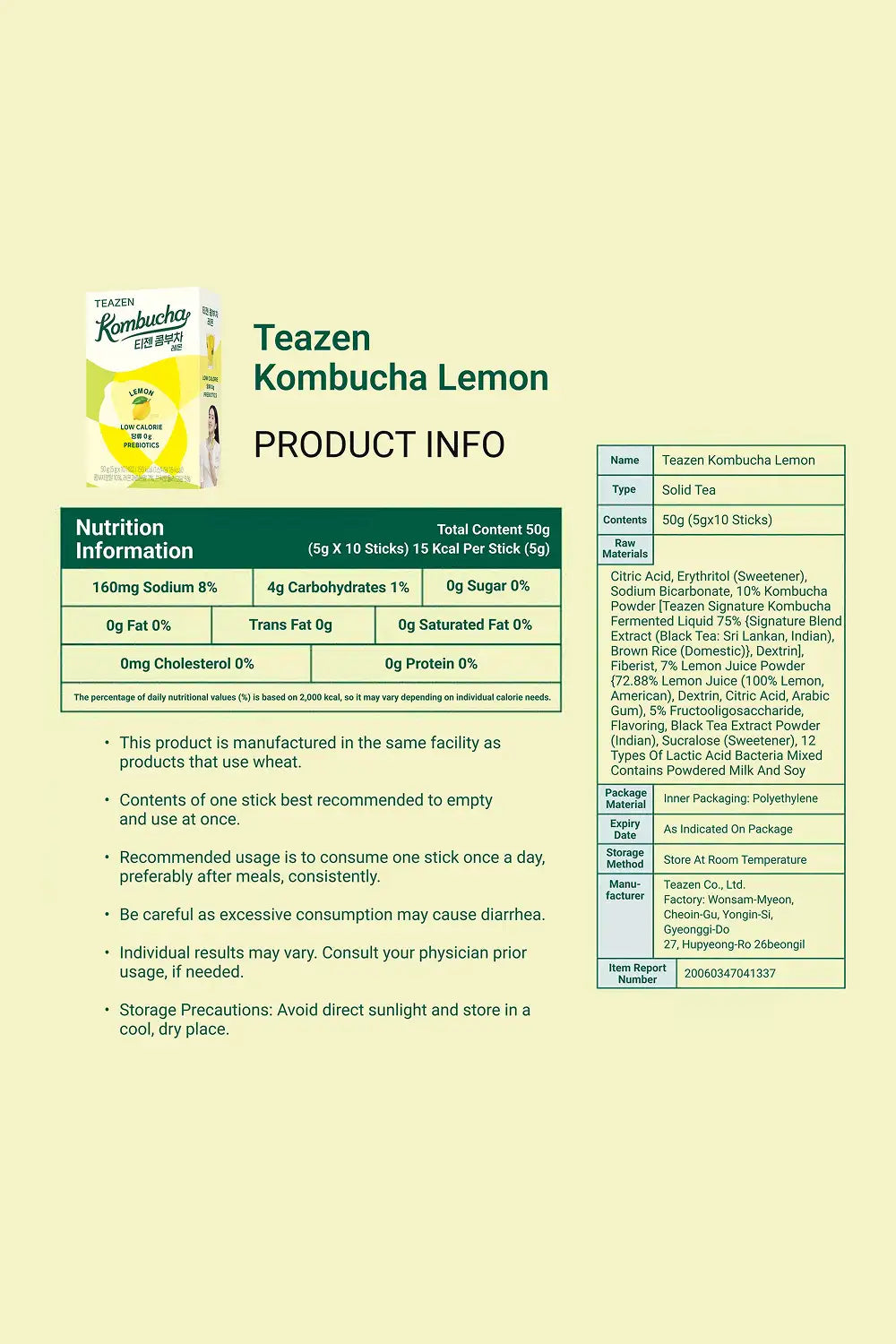 Teazen Kombucha Lemon product information sheet with nutrition facts and manufacturing details.