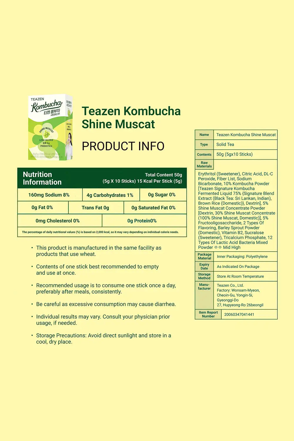 Teazen Kombucha Shine Muscat product information sheet with nutrition details on a yellow background