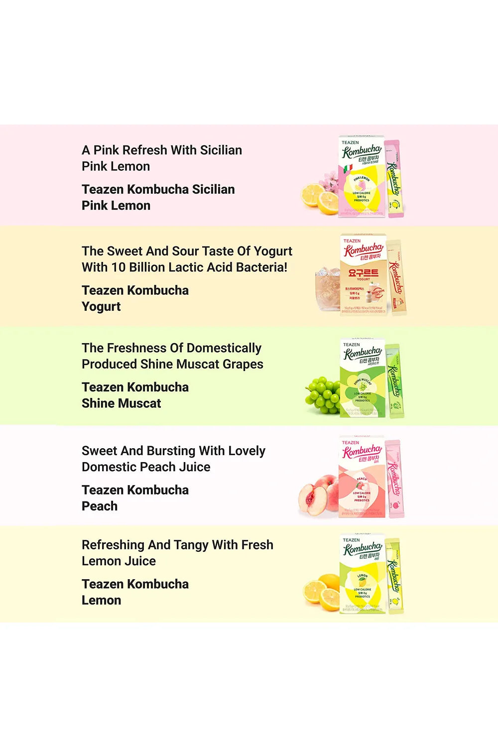 Teazen Kombucha product line with various flavors on a white background