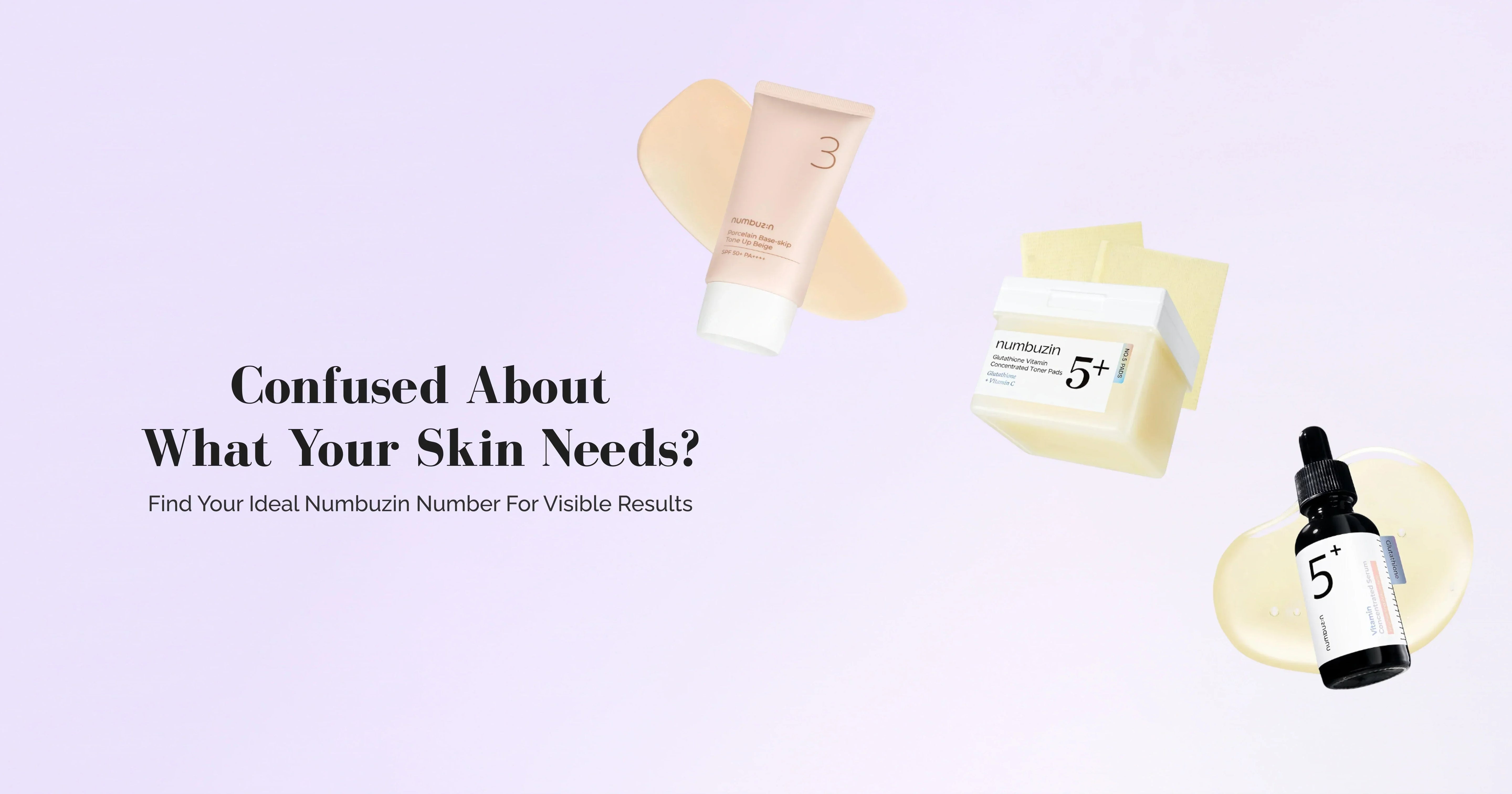 Skincare products with text on a light purple background