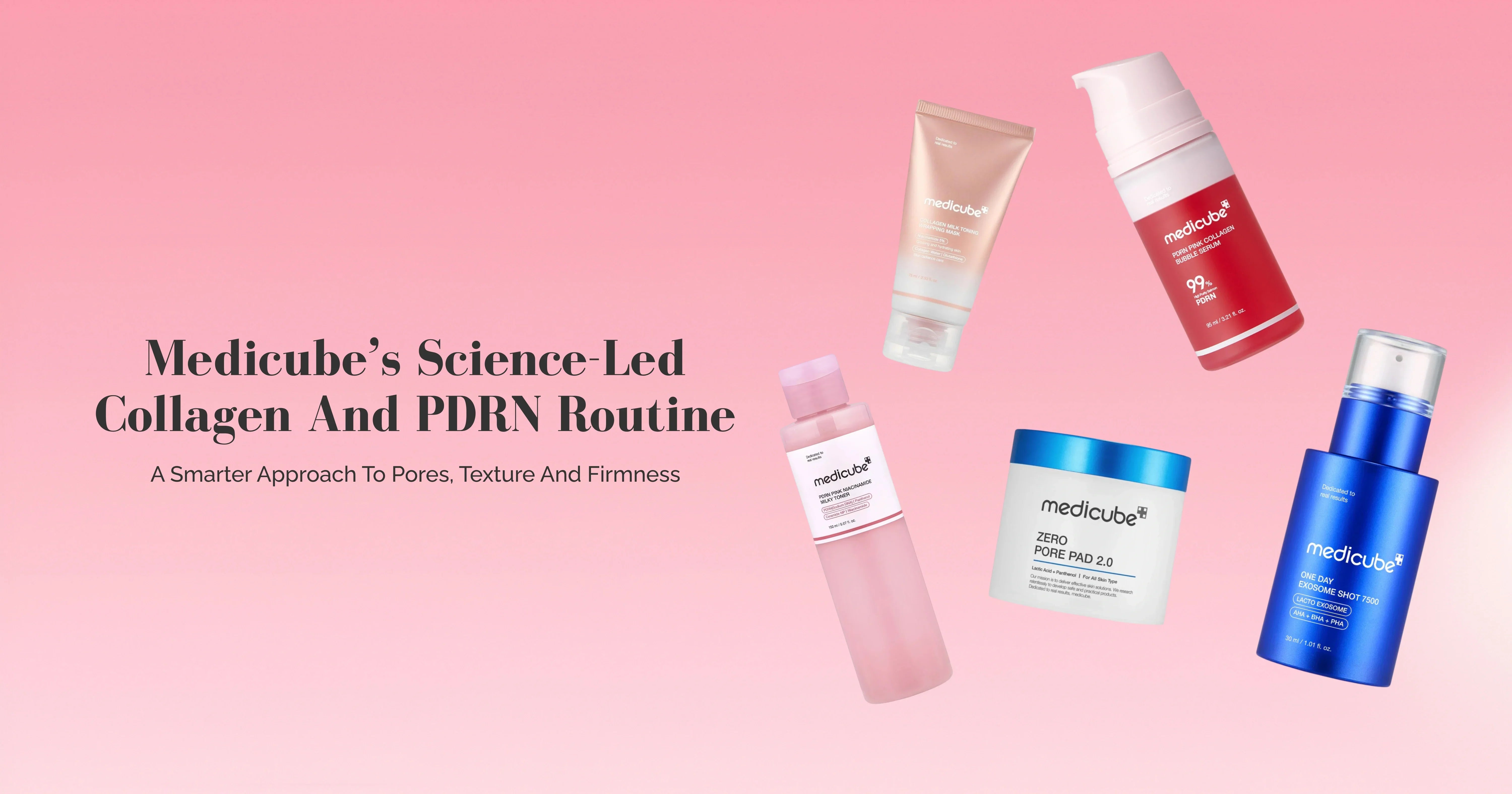 Set of Medicube skincare products on a pink background with text about their routine.