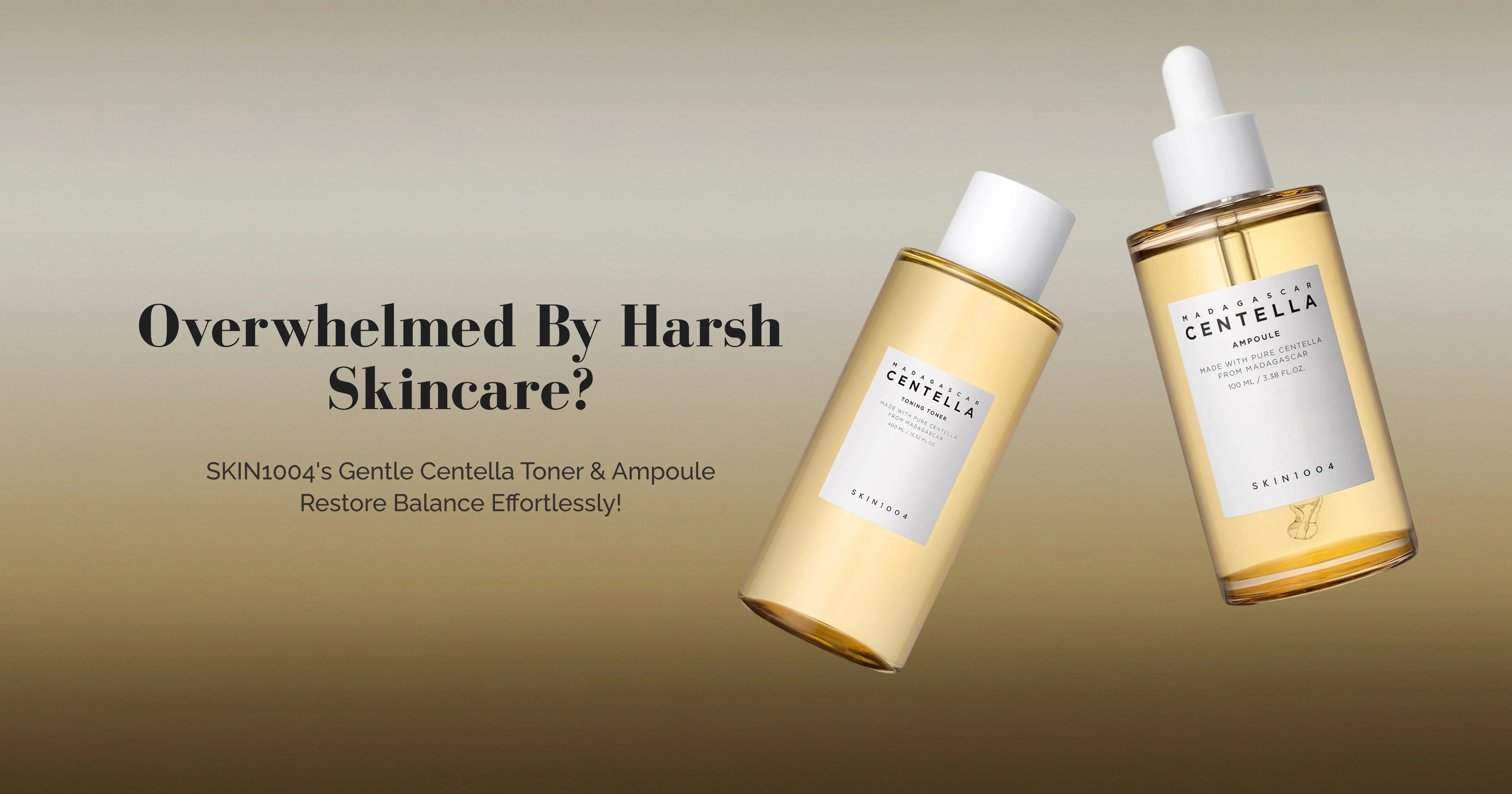 Two skincare bottles with a gradient background and text about harsh skincare.