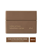 A brown rectangular cosmetic jar labeled 'FLOW LIFTING WRAPPING CREAM' with a matching text banner below on a white background.