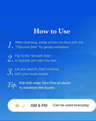 Blue instructional graphic with white text reading 'How to Use' and four numbered steps for applying a skincare product, plus a white rounded banner at the bottom indicating AM & PM use.