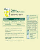 A product information card for Teazen Kombucha Lemon, showing a small product package image, product details, nutrition facts, ingredients, and storage instructions on a pale yellow background.
