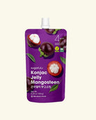 A purple stand-up pouch of sugarlu Konjac Jelly Mangosteen, featuring illustrations of mangosteens and green leaves on a light cream background.