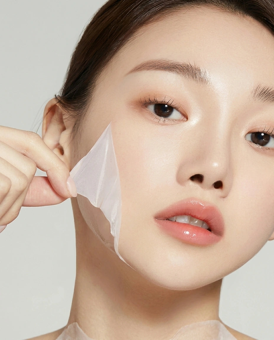 A close-up of a woman peeling a translucent, semi-permanent face mask from her cheek, set against a clean, light gray background.