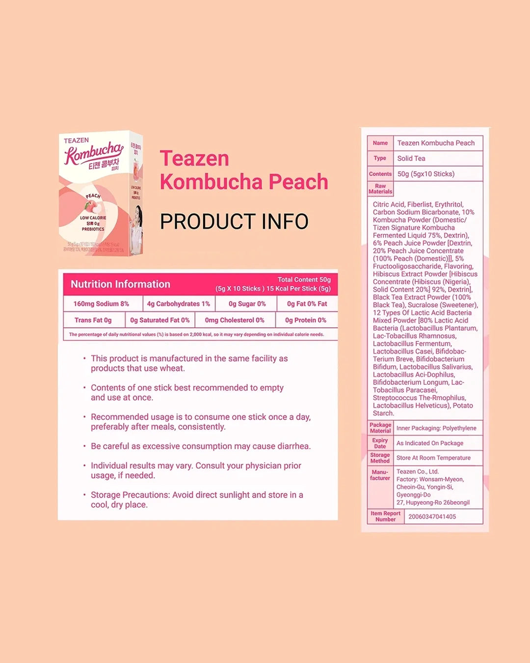 Product information card for Teazen Kombucha Peach, showing the product box, a nutrition facts panel, and a ingredients list on a peach-colored background.