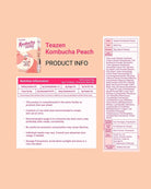 Product information card for Teazen Kombucha Peach, showing the product box, a nutrition facts panel, and a ingredients list on a peach-colored background.