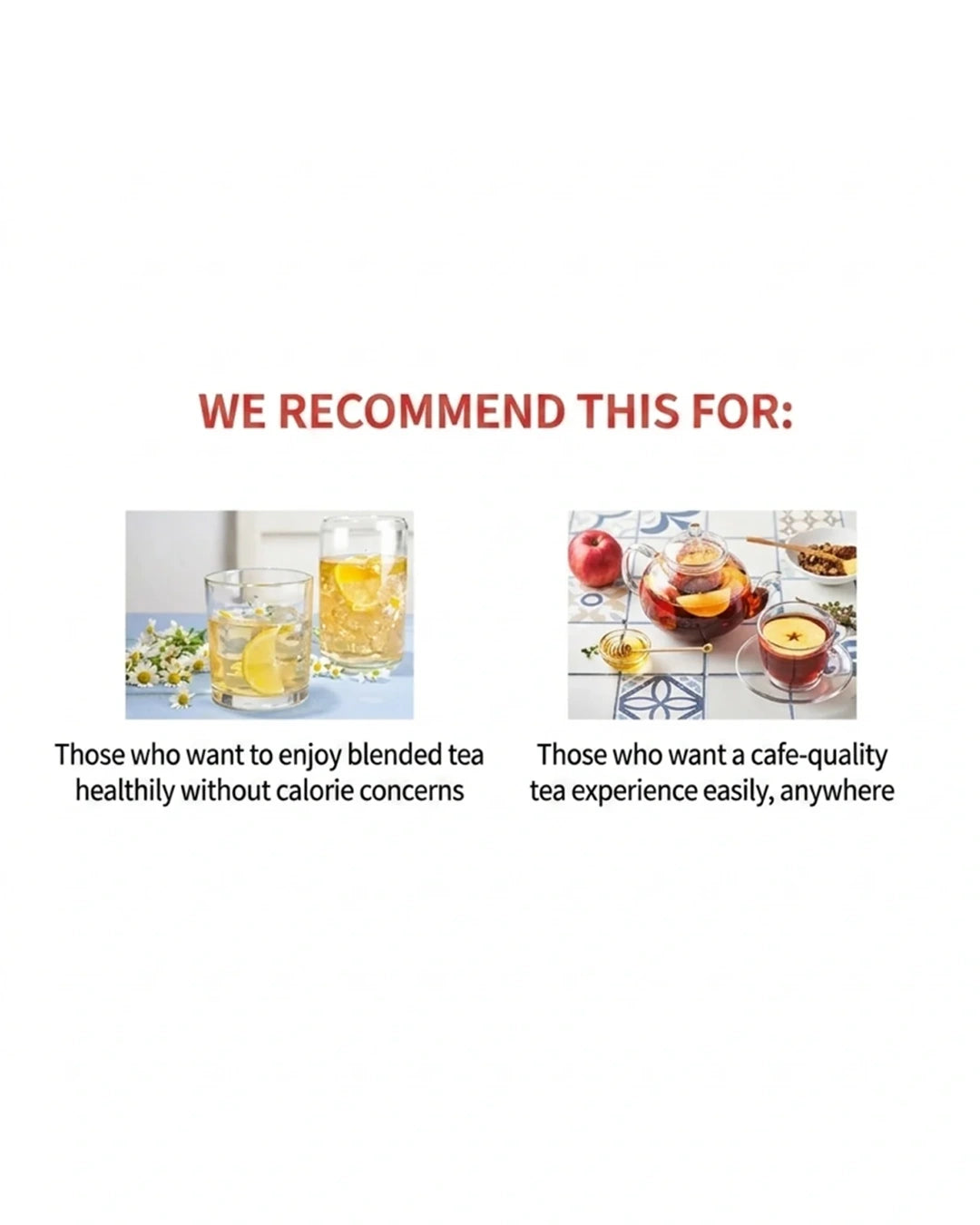 A promotional graphic with the heading 'WE RECOMMEND THIS FOR:' above two small tea-related photos and descriptive text. The left photo shows clear glasses of yellow tea with lemon; the right photo shows a cup of tea with fruit and a teapot.