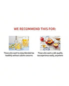 A promotional graphic with the heading 'WE RECOMMEND THIS FOR:' above two small tea-related photos and descriptive text. The left photo shows clear glasses of yellow tea with lemon; the right photo shows a cup of tea with fruit and a teapot.
