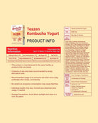 A product information card for Teazen Kombucha Yogurt, featuring the product box, ingredients list, nutrition facts, and usage instructions on a light beige background.