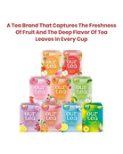 A promotional graphic for the brand 'our tea' showing a pyramid arrangement of eight colorful tea boxes with fruit illustrations, beneath a red marketing text banner on a white background.